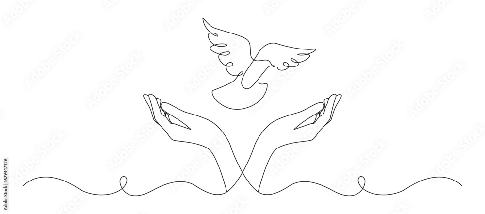 Leinwandbilder one continuous line drawing of flying dove with two hands. bird symbol of peace and freedom in simpl