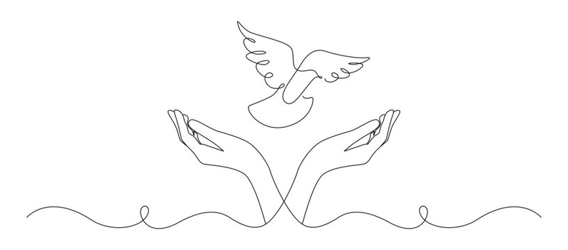 One continuous line drawing of flying dove with two hands. Bird symbol of peace and freedom in simple linear style. Mascot concept for national labor movement icon. Doodle vector illustration
