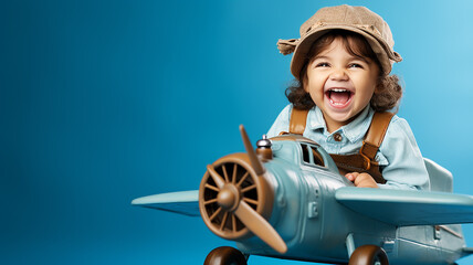 bambino felice che gioca con un areoplano azzurro, facendo finta di essere un pilota o un esploratore, sfondo azzurro e spazio per testo, 