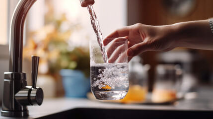 pour water into a glass from the tap. Clean drinking water: filling a glass cup from a kitchen faucet.  © Margo Alexa
