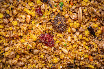 top view of fruit paté for exotic bird, parakeet and parrot