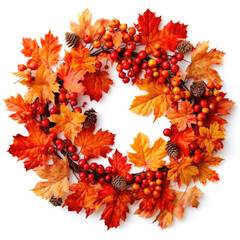 Naklejka na ściany i meble Wicker wreath decorated with autumn leaves and autumn berries on a white background. copy space