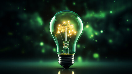 leuchtende Gl&uuml;hbirne in gr&uuml;ner Farbe mit dunklem Hintergrund. Generative Ai.