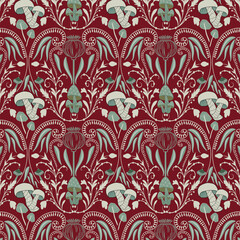 Colorful cute mushrooms vector repeat pattern.