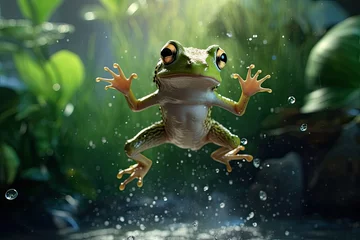 Muurstickers photo of a green frog in nature jump  © Aksana