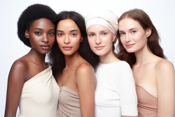 Fototapeta premium Beauty portrait of a diverse group of beautiful women with perfect, natural, glowing skin. Multi-ethnic group as a concept of women united with diversity of origins and beliefs. Generative AI. 