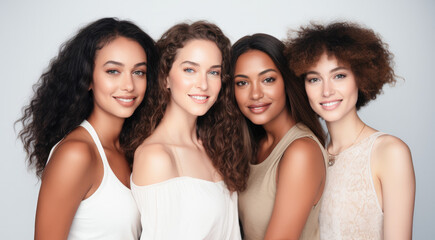 Obraz premium Beauty portrait of a diverse group of beautiful women with perfect, natural, glowing skin. Multi-ethnic group as a concept of women united with diversity of origins and beliefs. Generative AI. 