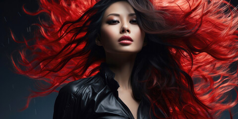 Naklejka premium Beauty asian woman with long red black hair. Glossy wavy beautiful hair. Digital illustration