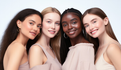 Obraz premium Beauty portrait of a diverse group of beautiful women with perfect, natural, glowing skin. Multi-ethnic group as a concept of women united with diversity of origins and beliefs. Generative AI. 