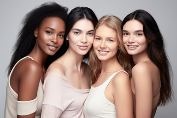 Beauty portrait of a diverse group of beautiful women with perfect, natural, glowing skin. Multi-ethnic group as a concept of women united with diversity of origins and beliefs. Generative AI. 