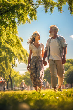  aged couple walking outdoor through a sunny day