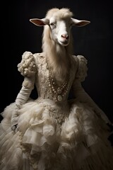 humanized sheep in an expensive designer model dress of the bride
