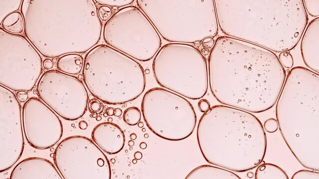 Transparent cosmetic gel fluid with molecule bubbles oil distribution. Bubble cluster, cells under a microscope. Macro Shot of Natural Organic Cosmetics, Medicine. Production Close-up. Slow Motion. 4k