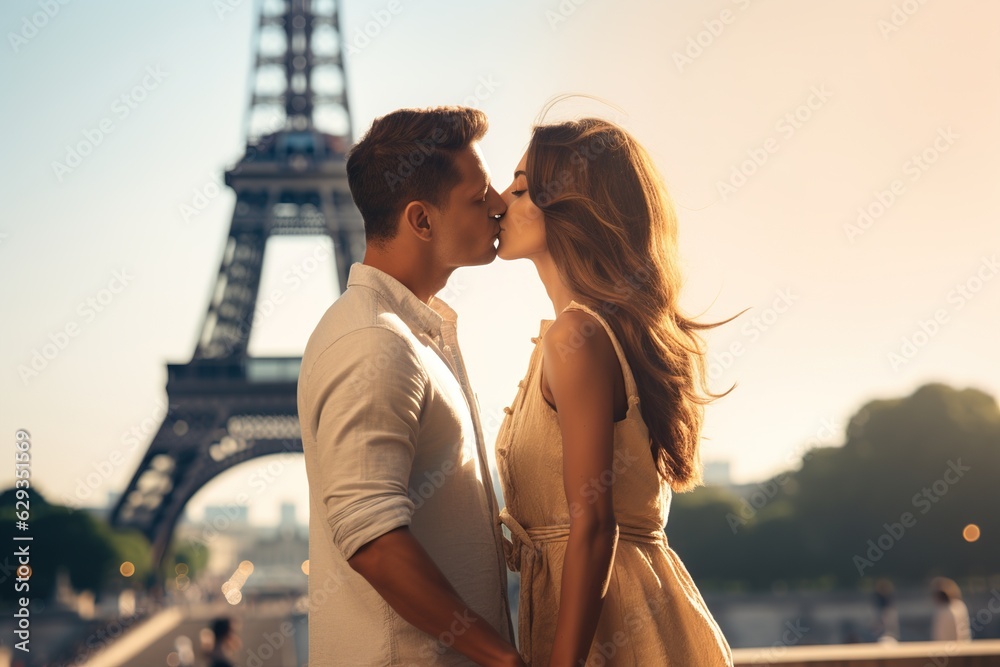 Wall mural A couple kissing in front of the Eiffel Tower. Paris, France