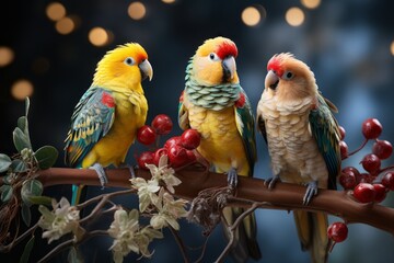 A delightful scene featuring singing pets, like parrots, budgies, and canaries, perched on festive branches, creating a harmonious Christmas melody. Generative Ai