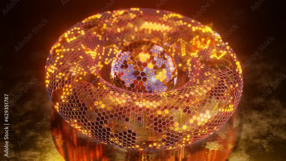 Poster loop 3d animation. abstract geometric figure of a set of hexagons. a torus of metal segments and a s