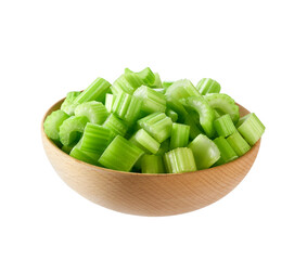 Pieces of celery in a wooden bowl isolated on white background.