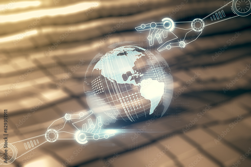 Aufkleber double exposure of abstract virtual robotics technology with world map hologram on blurry metal back