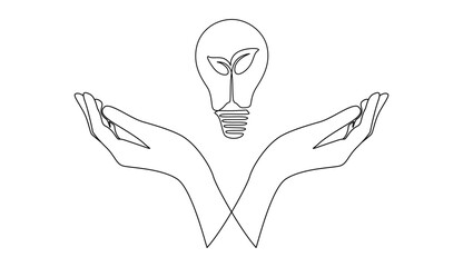 One continuous line drawing of light bulb and plant with two hands. Lightbulb symbol of new idea and innovation in simple linear style. Editable stroke. Doodle vector illustration