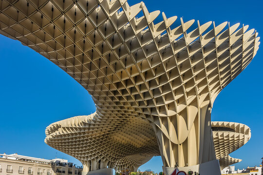 "Mushrooms of Seville" (Setas de Sevilla) or "The Mushrooms" (Las Setas) - initially titled Metropol Parasol (2011), wood structure at Encarnacion square. Seville, Spain. December 31, 2022.