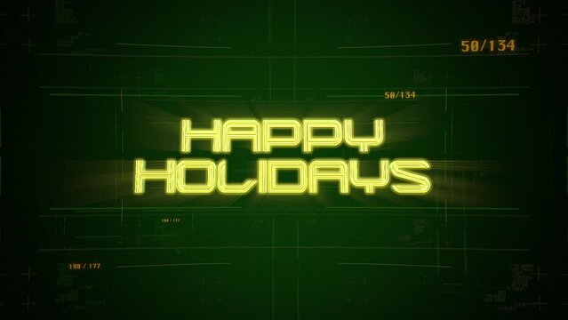 On a computer screen, the festive phrase Happy Holidays emerges, framed by interactive HUD elements, offering a blend of holiday cheer and modern tech aesthetics