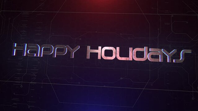 On a computer screen, the festive phrase Happy Holidays emerges, framed by interactive HUD elements, offering a blend of holiday cheer and modern tech aesthetics