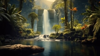 Scenic nature of beautiful waterfall in wild jungle forest environment, Travel and adventure landscape of amazing Asia.