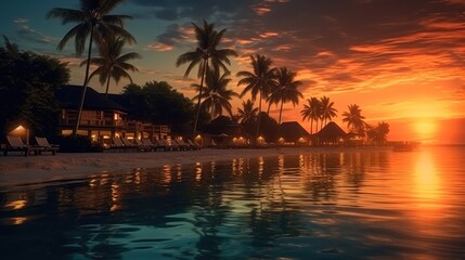Fototapeta premium Luxury beach resort at sunset, Tropical vacation with the ocean and hotel.