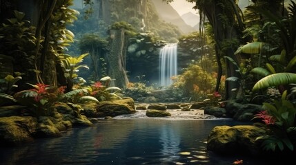 Waterfall, Tropical rainforest waterfall in the jungle landscape.