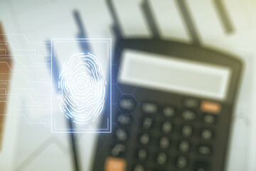 Abstract virtual fingerprint illustration on blurry calculator and papers background, personal biometric data concept. Multiexposure