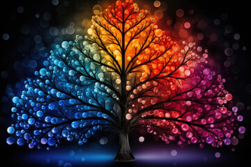 Abstract colorful tree on an empty black background. artistic or creative designs related to ecology or botanical themes.