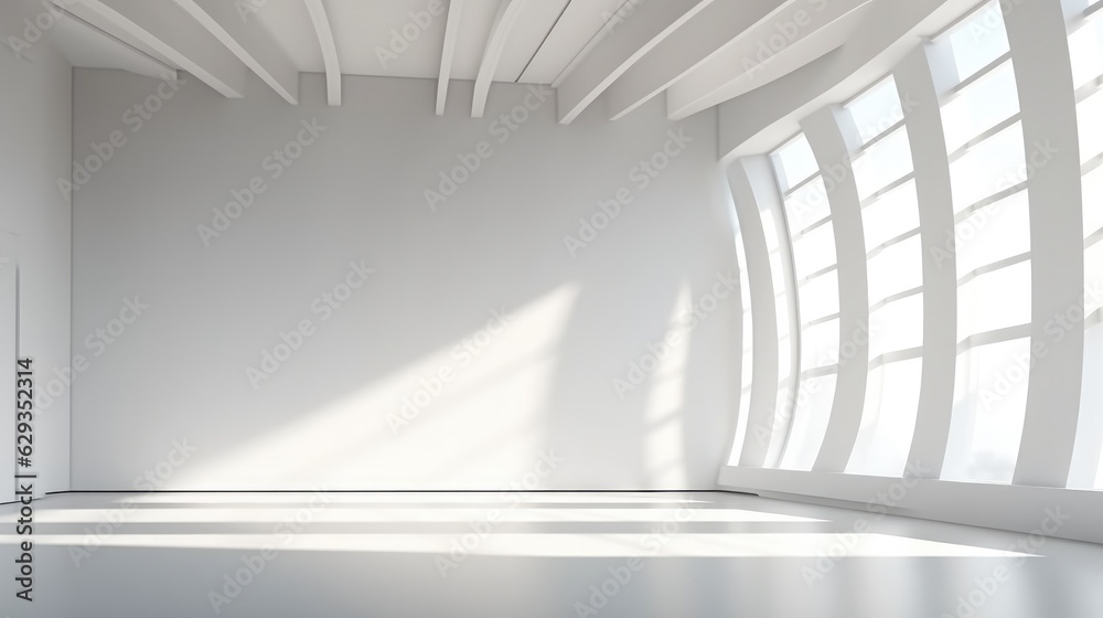 Poster white minimalist room with blank walls and sunlight streaming through windows, futuristic empty room