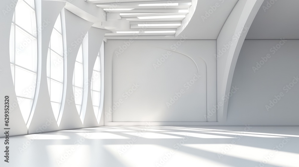 Poster white minimalist room with blank walls and sunlight streaming through windows, futuristic empty room