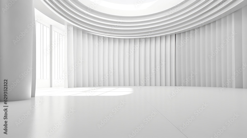 Poster white minimalist room with blank walls and sunlight streaming through windows, futuristic empty room
