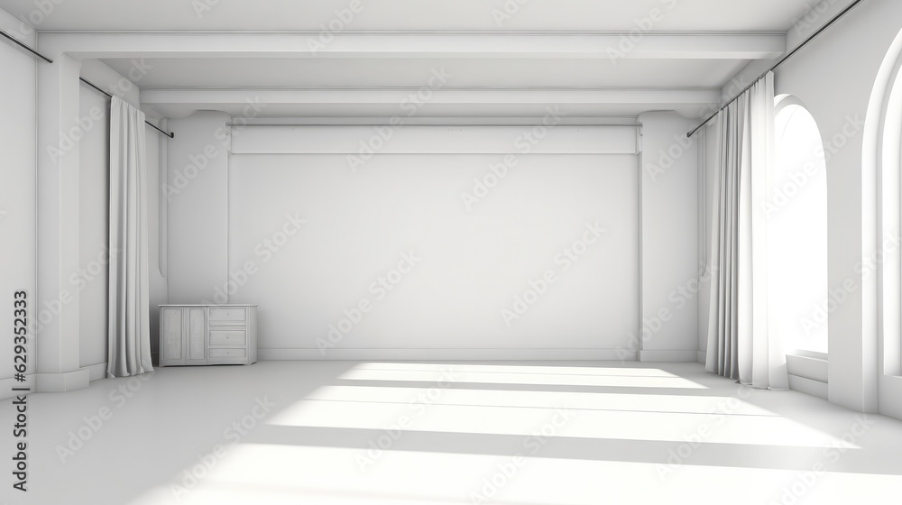 Poster white minimalist room with blank walls and sunlight streaming through windows, futuristic empty room