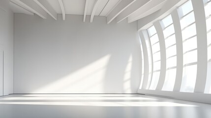 White minimalist room with blank walls and sunlight streaming through windows, Futuristic empty room.
