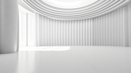 White minimalist room with blank walls and sunlight streaming through windows, Futuristic empty room.