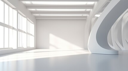 Abstract white minimalist interior room with white walls and sunlight streaming through windows.