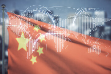 Abstract virtual world map with connections on Chinese flag and city background, international trading concept. Multiexposure - obrazy, fototapety, plakaty