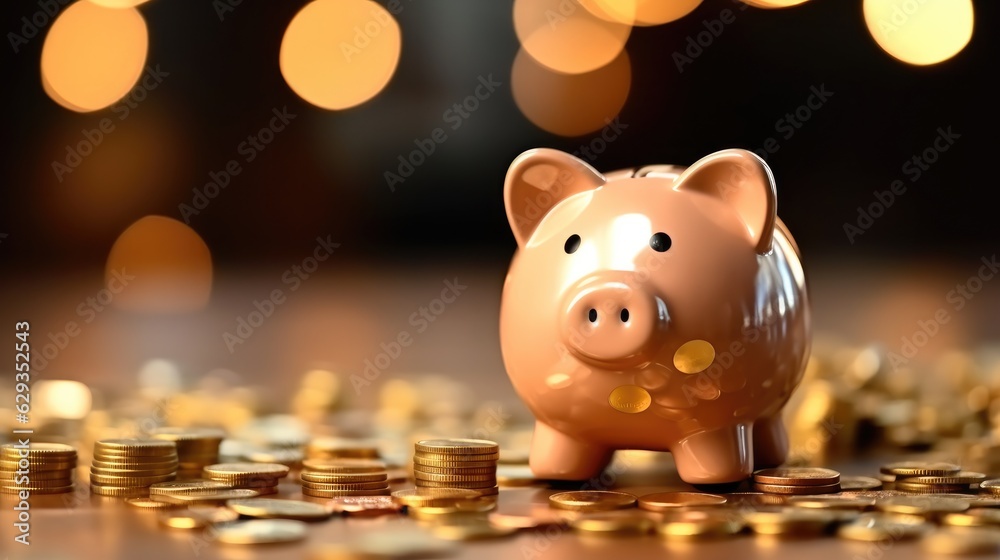 Poster piggy bank and stack of coins, planning for saving in the future concept.