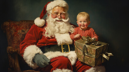 Fototapeta na wymiar Adorable Santa Claus sitting in chair with sack full of presents. Vintage...