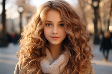 Obraz premium Portrait of a beautiful young woman with rich blond color hair on road in the city.