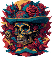 Skull head wearing hat surrounded by roses vector illustration
