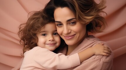 Portrait of beautiful mother and child, Mom and baby embrace, Mother's Day.