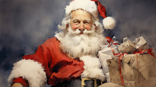 Adorable Santa Claus sitting in chair with sack full of presents. Vintage...