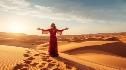 Fototapeta na wymiar Happy woman wearing hijab with arms up enjoying freedom on the desert sand dunes.