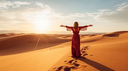 Fototapeta na wymiar Happy woman wearing hijab with arms up enjoying freedom on the desert sand dunes.
