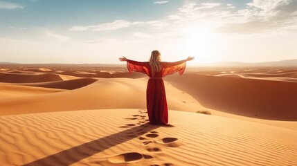 Happy woman wearing hijab with arms up enjoying freedom on the desert sand dunes.