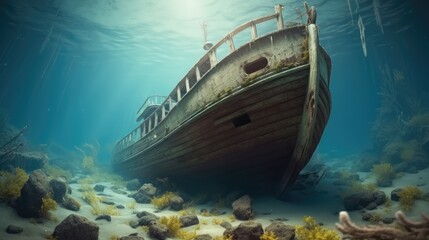 Obraz premium Shipwreck under the sea, Decaying remains with coral reefs.