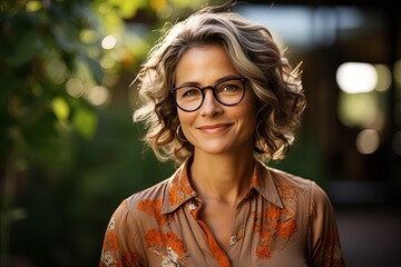 Joyful Middle-Aged Woman in Nature, A Photorealistic Capture of Mature Happiness Amidst the Serenity of a Wooded Park, High-Res 64K Portrait. Generative AI
